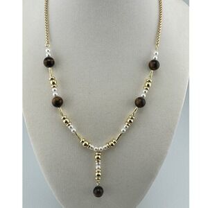 Gold Tone Tiger Eye and Faux Pearl Y-Drop Necklace Brown White Beaded Adjustable